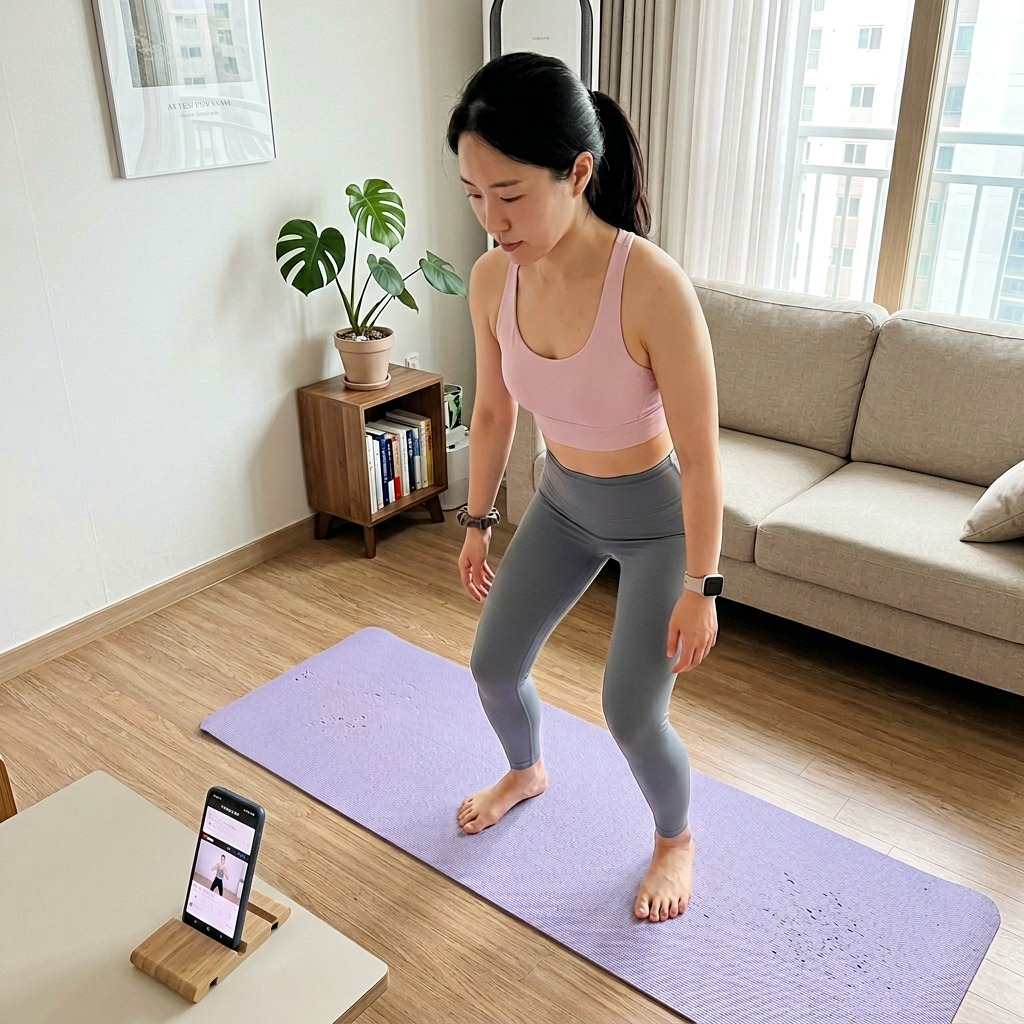 한국의 아파트 거실에서 요가 매트 위에 서서 스마트폰으로 홈트 영상을 보는 30대 한국 여성