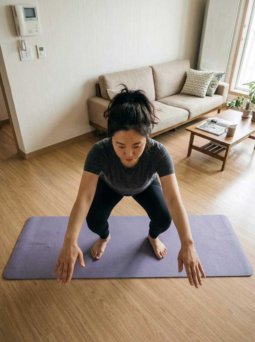 한국의 가정집 거실 바닥에 놓인 요가 매트 위에서 맨몸 스쿼트 자세를 취하고 있는 30대 한국 여성