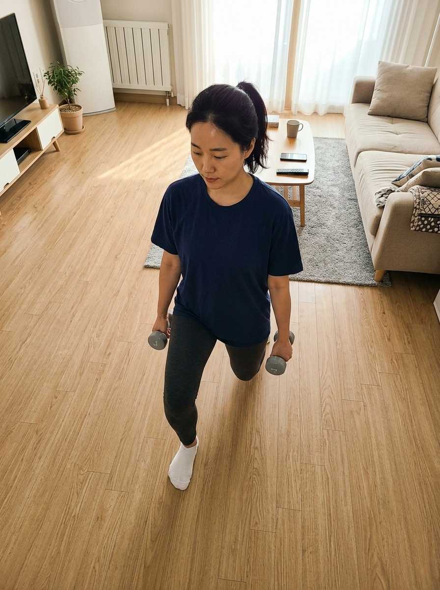 한국 가정집 거실에서 덤벨을 들고 런지 자세를 하고 있는 30대 한국 여성
