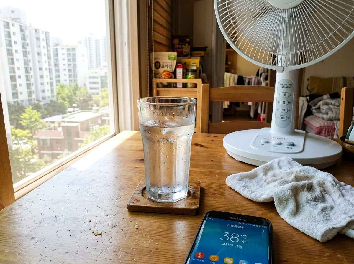 한국 여름철 무더위를 상징하는 뜨거운 태양과 땀방울