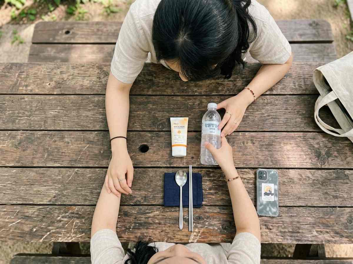 한국인 여성이 야외 활동 중 휴대용 선크림과 물병을 사용하며 자외선을 차단하는 모습