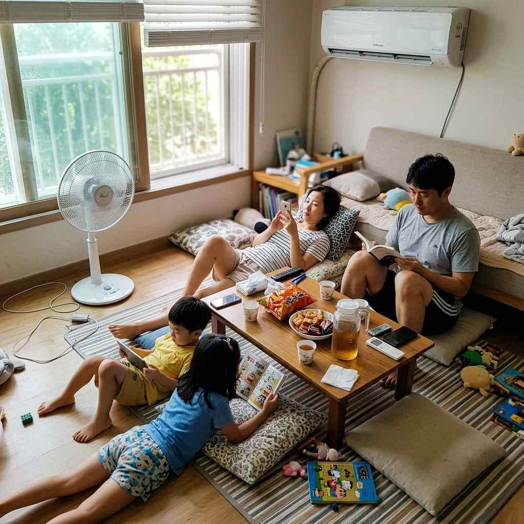 한국 가정집 거실에서 선풍기와 에어컨을 이용해 시원하게 더위를 피하는 가족
