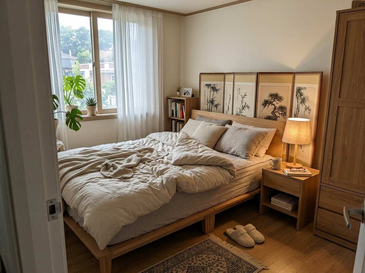 한국 가정집 침실, 은은한 조명과 편안한 침구가 숙면을 유도하는 아늑한 분위기