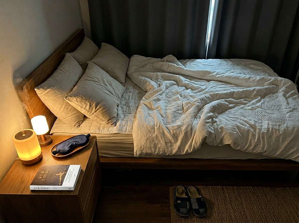 한국 가정집 침실, 은은한 조명과 암막 커튼으로 숙면을 위한 환경 조성