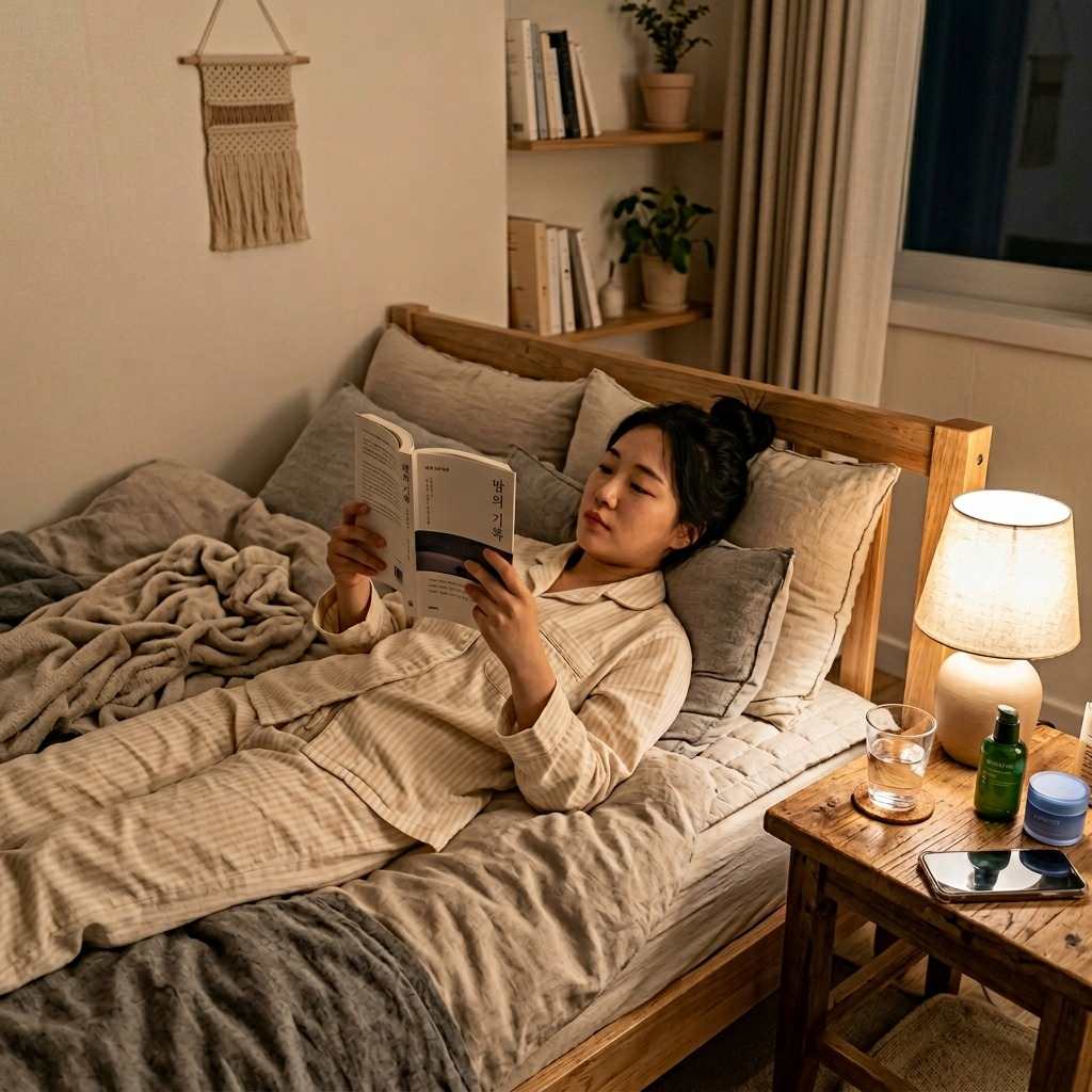 한국 여성, 침대 옆에서 차분한 조명 아래 책을 읽으며 숙면을 준비하는 모습