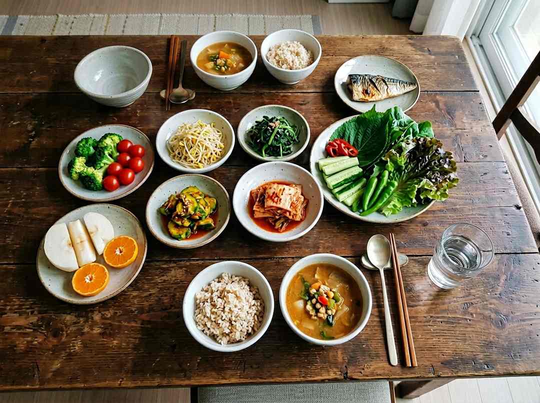 한국 가정집 식탁, 신선한 채소와 과일 위주의 건강한 저녁 식사 모습