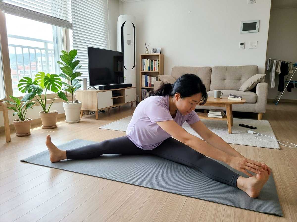 한국 가정집 거실에서 요가 매트 위에서 전신 스트레칭을 하고 있는 30대 한국인 여성