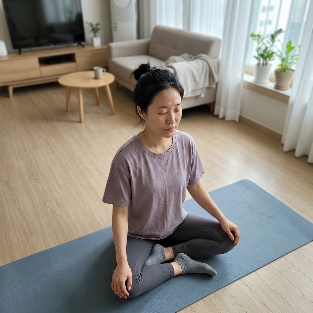 한국 가정집 거실에서 요가 매트 위에 앉아 있는 30대 한국인 여성