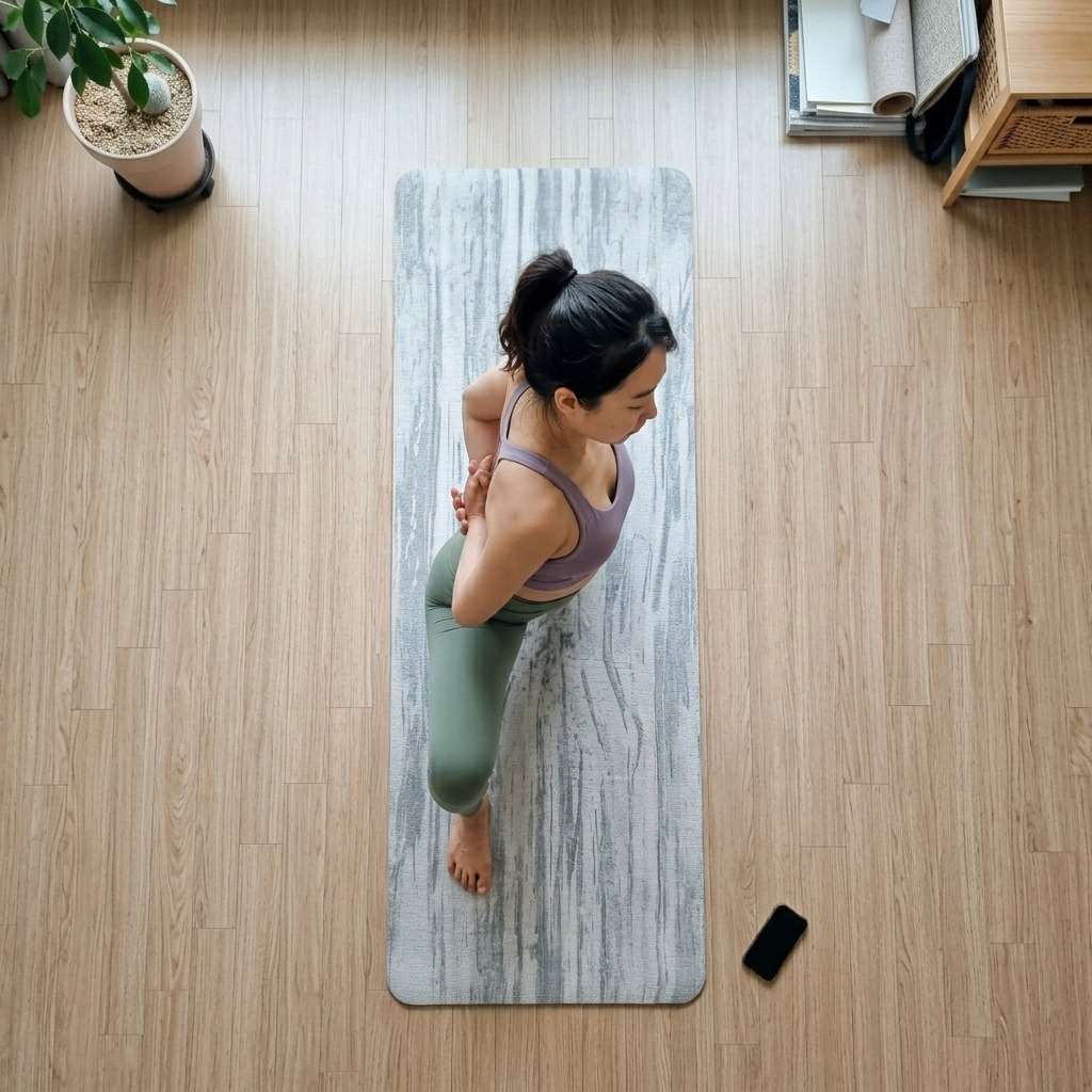 한국인 여성이 요가 매트 위에서 동적 스트레칭을 하고 있는 모습