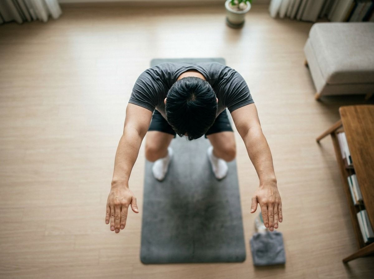 요가 매트 위에서 스쿼트 자세를 취하고 있는 한국인 남성