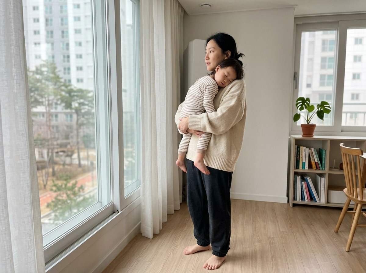 한국인 30대 여성이 집에서 덤벨을 들고 스쿼트 동작을 준비하는 모습