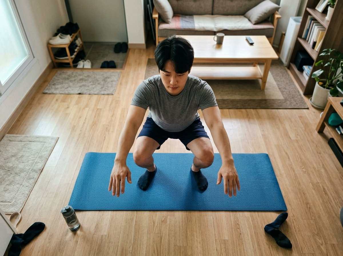 한국인 남성이 집에서 스쿼트 자세를 취하고 있는 모습