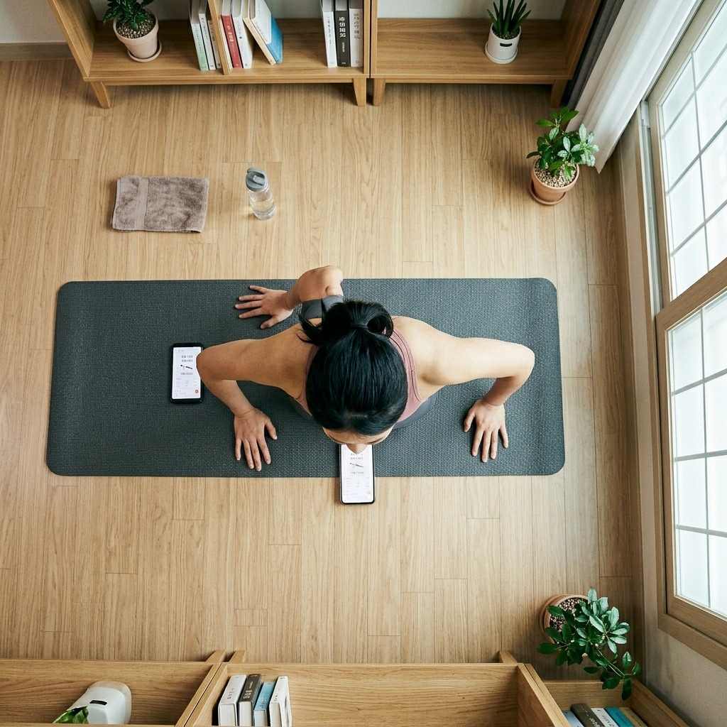 한국인 여성이 스마트폰으로 운동 앱을 보며 푸쉬업 자세를 취하는 모습