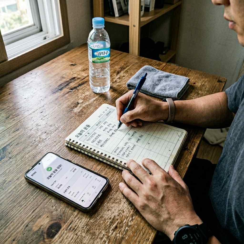 운동 일지를 꼼꼼하게 작성하고 있는 한국인 남성의 손 클로즈업